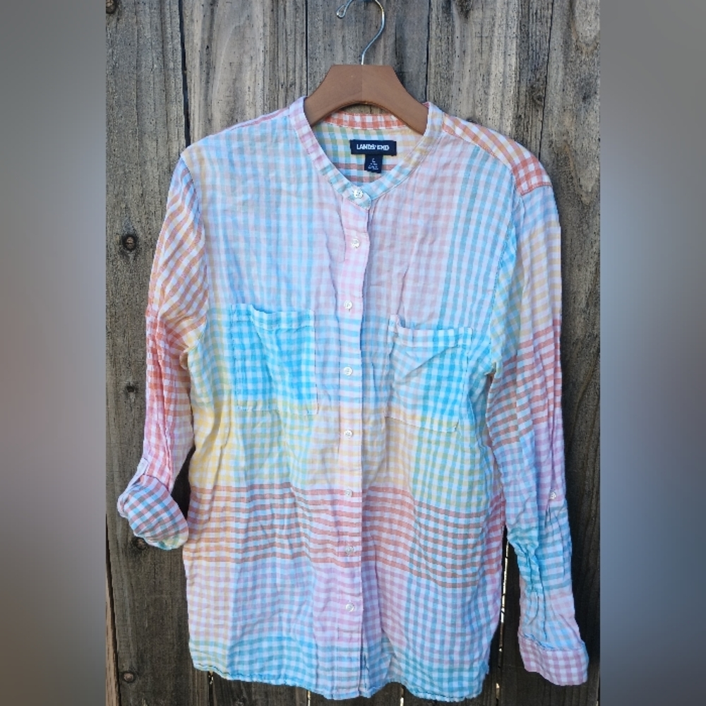 Land's End linen pastel gingham check shirt L